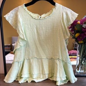 Maeve Anthro Light Green Ruffled Short Sleeve Blouse